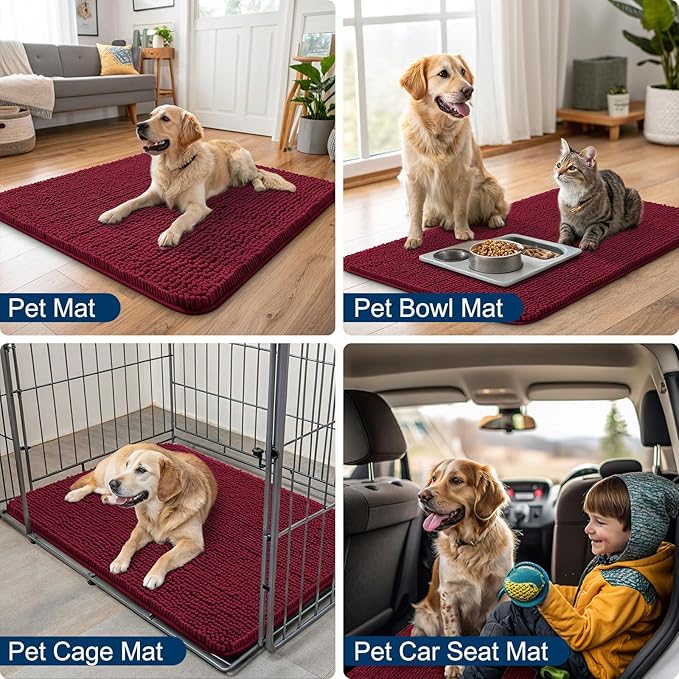 Smiry Dog Door Mat for Muddy Paws 47x24, Absorbs Moisture and Dirt Doormat, Non-Slip Washable Quick Dry Chenille Front Door Mat Indoor Entrance, Entryway Carpet for Inside Floor, Red