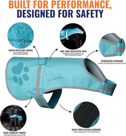 SafetyPUP XD Dog Reflective Vest – Hi-Vis Fluorescent Visibility That Helps to Safeguard Your Pet On/Off Leash in Urban & Rural Areas (Teal, Large)