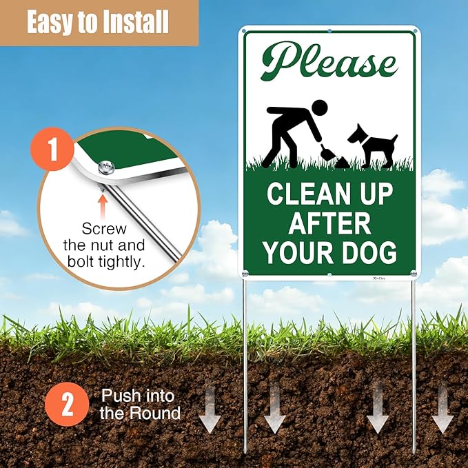 Clean Up After Your Dog Signs, 10x7in Optional Accessory Bundle, Please Pick Up Your Dog Poop, no poop signs for yard Keep Off Grass,2pc,zinclue