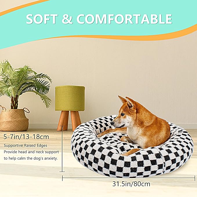 31 Inch Calming Dog Bed for Medium Dogs, Round Anti-Anxiety Warm Bed, Soft Cozy Anti-Slip Donut Washable Pet Bed, Fits up to 50 lbs Pets