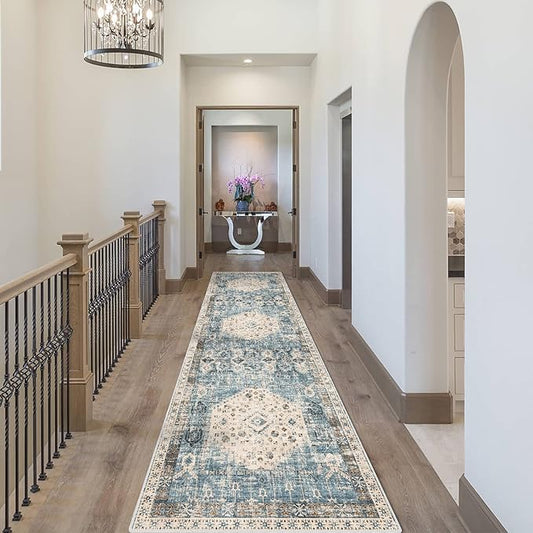 Hallway Washable Runner Rug 2'6x10 - Kitchen Runner Rugs Indoor Non Slip Rugs for Living Room Bedroom Vintage Distressed Mat Stain Resistant Floor Decoration Carpet for Bathroom (2'6''x10', Aqua Blue)