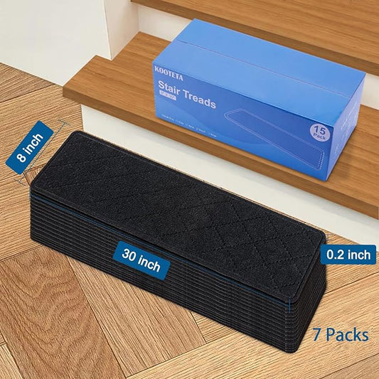Stair Treads for Wooden Steps Indoor, KOOTETA 15 Pack 8" X 30" Non Slip Carpet Stair Treads with Reusable Adhesive for Kids Elders and Dogs, Surface Polyester TPR Backing Stair Rugs, Black
