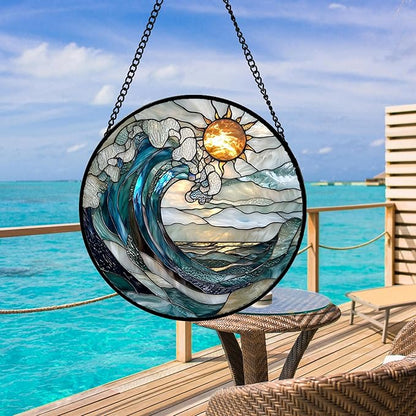 Stained Glass Window Hanging, Blue Night Moon Lake Sun Catchers Colorful Glass Panel Landscape Suncatcher Decor for Birthday for Women, Men, Wife, Aunt, and Mom 11.8x11.8 in