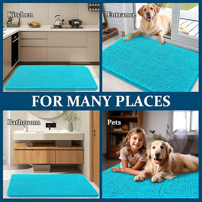 OLANLY Dog Door Mat for Muddy Paws 48x30, Absorbs Moisture and Dirt, Absorbent Non-Slip Washable Doormat, Quick Dry Chenille Mud Mat for Dogs, Entry Indoor Entryway Carpet for Inside Floor, Aqua Blue