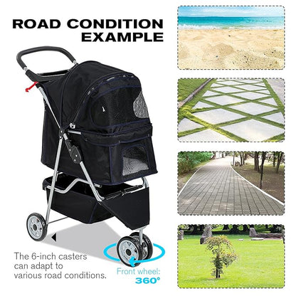HCY Folding Dog Stroller, 3 Wheels Pet Strollers Pet Gear for Small Medium Cats Dogs Puppy with Storage Basket, Cup Holder,Lightweight-Black, 35x17x38 Inch