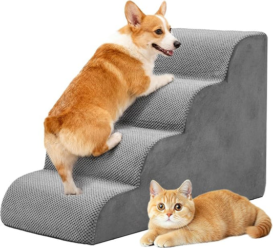 DUMOS Dog Stairs Ramp for Small Dogs and Cats, 4-Step Curved Pet Dog Steps with High-Density Foam for Puppy and Older Cats, Indoor Non-Slip Pet Ladder Ramp Stairs for Couch, High Beds, Sofa, Car, Grey