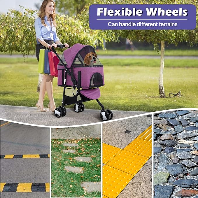 3-in-1 Folding Pet Stroller with 3 Wheels for Medium Small Dogs & Cats - Lightweight Travel Pet Stroller with Detachable Carrier, Purple