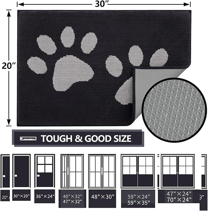 Buganda Dog Door Mat for Muddy Paws, Absorbent Dirt Trapper Washable Indoor Doormats, Non Slip Low-Profile Mud Mat for Dogs, Front Entrance Doormat for Inside Floor (48x30 Inches, Black and Grey)