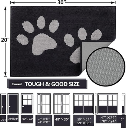 Buganda Dog Door Mat for Muddy Paws, Absorbent Dirt Trapper Washable Indoor Doormats, Non Slip Low-Profile Mud Mat for Dogs, Front Entrance Doormat for Inside Floor (59x35 Inches, Black and Grey)
