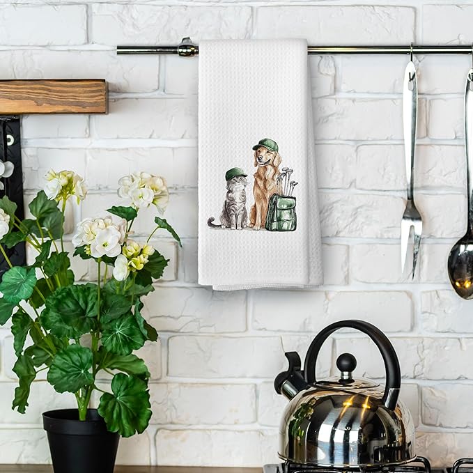 Golf Dog Cat Kitchen Towels - Golden Retriever Dish Towels, Sports Gifts, Pet Golf Club Decorative Absorbent Dishcloths Hand Towels for Kitchen Gym Spa Decor 16x24 Inches