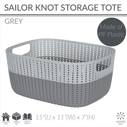 Simplify 2 Tone Sailor Knot Plastic Storage Tote | Decorative Basket | Closet Organization | De-clutter | Accessories | Toys | Bathroom Organization | Large | Grey/Grey