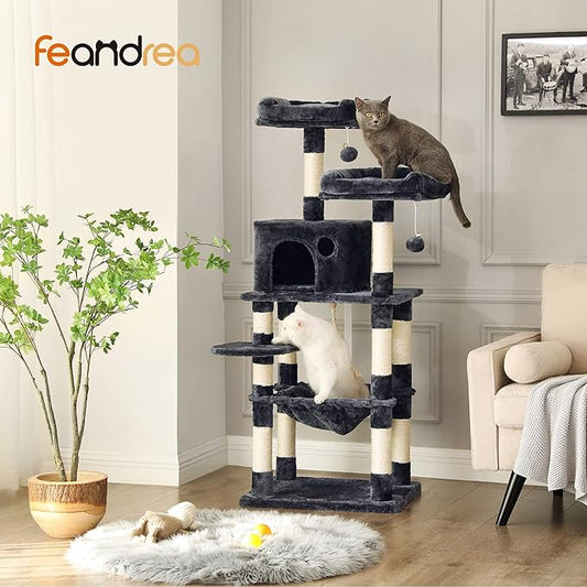 Feandrea Cat Tree, 56.3-Inch Cat Tower, Multi-Level Plush Condo with 11 Scratching Posts, 2 Perches, Hammock, Cave, Smoky Gray UPCT15GYZ