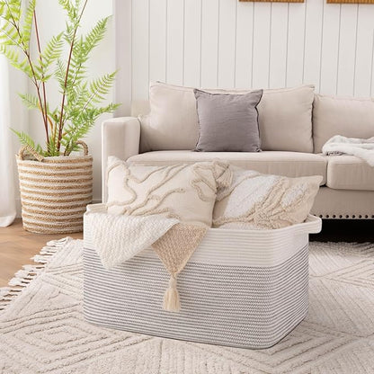 OIAHOMY Extra Large Blanket Basket, 95L Woven Storage Basket, Cotton Rope Toy Bin for Baby Room, Container for Storage in Living Room, 24''×17''×14'', Black & White