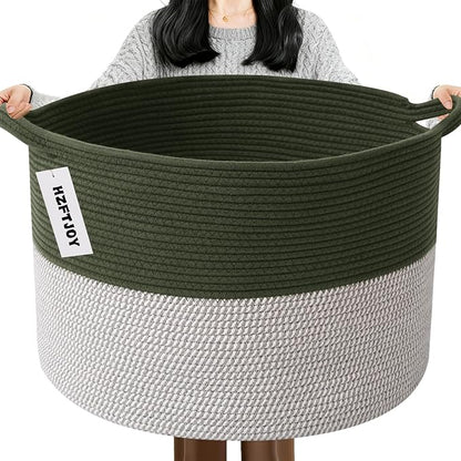 115L Large Blanket Basket,23.6" L x 23.6" W x 15.7" H Rope Woven Baskets with Handles, Toys Storage Bins,Laundry Basket Perfect for Living Room, Nursery,Bedroom,Home Organization,Green&White
