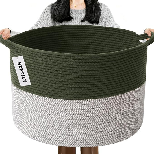 65L Large Blanket Basket,19.7" L x 19.7" W x 13" H Rope Woven Baskets with Handles, Toys Storage Bins,Laundry Basket Perfect for Living Room, Nursery,Bedroom,Home Organization,Green&White