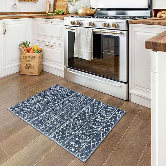 KUTA Moroccan Rugs for Entryway, 2x3 Navy Blue Entrance Small Area Rug, Non-Slip Washable Ultra Soft Vintage Geometric Low-Pile Indoor Door Mat Floor Carpet for Kitchen