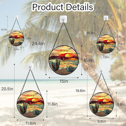 Stained Glass Window Hanging, Golden Landscape Dusk Sunset Suncatcher for Doors Window Home Cactus Sun Catchers Decoration Mother's Day Birthday Gifts for Women, Men, and Mom 15 in