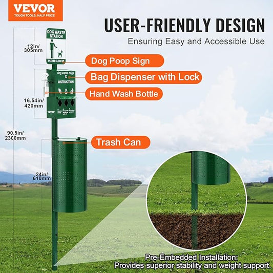 VEVOR Dog Waste Station with Hand Wash Bottle, 11.5 Gallons Pet Waste Bin with 50 Can Liners, Bag Dispenser & 600 Waste Bags, Outdoor Dog Waste Disposal System for Backyard