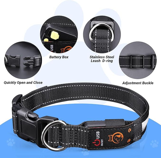 Light Up Dog Collar, USB Rechargeable, Waterproof LED Dog Collar with Remote Control, Adjustable Night Safety Pet LED Collar, Suitable for Small, Medium, and Large Dogs (S)
