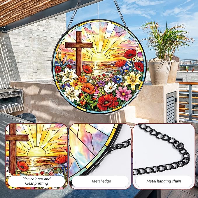 Cross Stained Glass Window Hanging, 8 Inch Wildflower Sunset Sun Catcher Gift, Religious Easter Faith Christian Gifts for Wall Art Landscape Hanging Home Decor