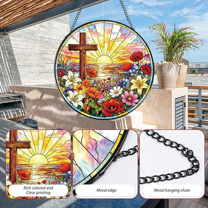 Cross Stained Glass Window Hanging, 8 Inch Wildflower Sunset Sun Catcher Gift, Religious Easter Faith Christian Gifts for Wall Art Landscape Hanging Home Decor