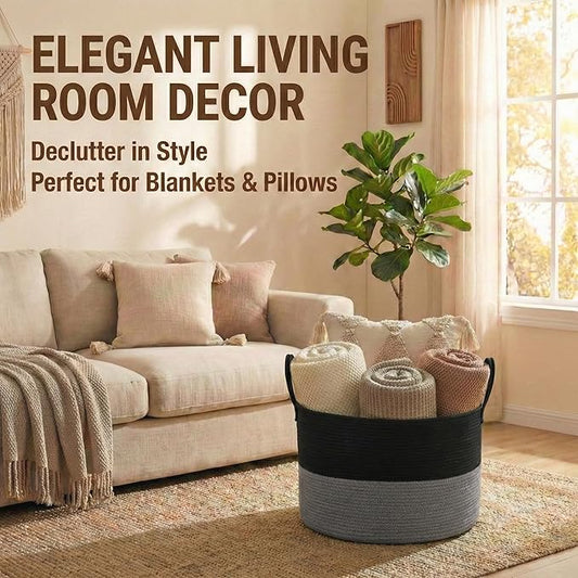 65L Extra Large Blanket Basket for Living Room - Woven Cotton Rope Laundry Hamper with Reinforced Handles - Storage Bin for Pillows, Comforters & Toys - Machine Washable,Black&Grey