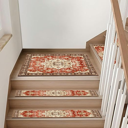 Non-Slip Carpet Stair Treads 15PCS, 8"x30" Peel and Stick Stair Runner for Wooden Steps Indoor, Washable Reusable Adhesive Backing, Pet-Friendly Safety Mats for Kids, Elders, Dogs