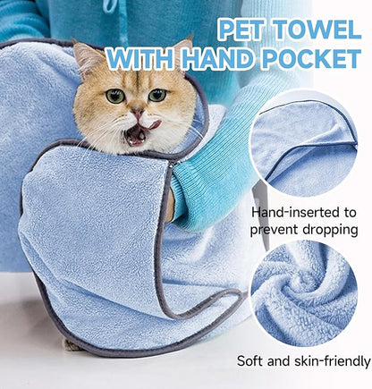 Dog Towels for Drying Dogs Small Medium Large, 2 Pack Dog Cat Drying Bath Towel 30.3"x13.8" with Hand Pocket,Absorbent Pet Towel for Dog Cat Blue