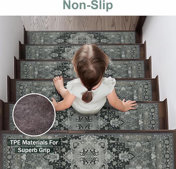 Non Slip Stair Treads for Wooden Steps 15PCS - 8"x30" Indoor Safety Carpet, Edging Mats with TPE Adhesive Backing, Pet and Elderly Friendly Stair Rugs (Black&Olive)