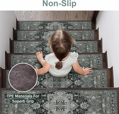 Non Slip Stair Treads for Wooden Steps 15PCS - 8"x30" Indoor Safety Carpet, Edging Mats with TPE Adhesive Backing, Pet and Elderly Friendly Stair Rugs (Black&Olive)