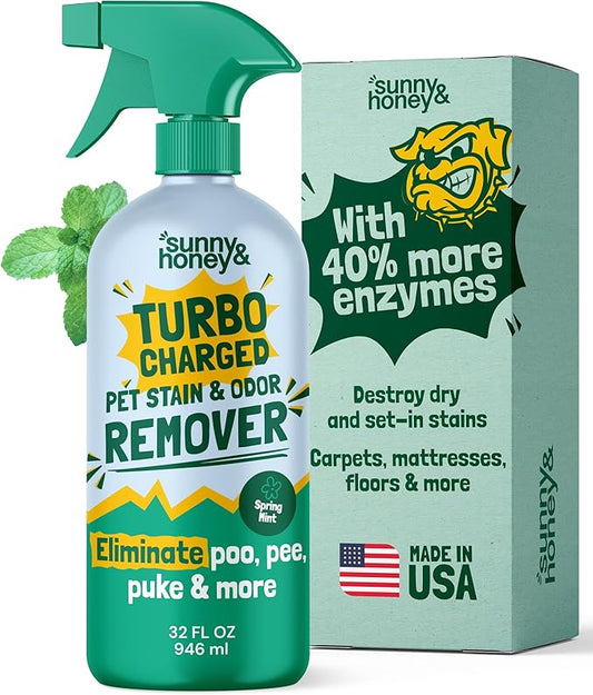 Sunny & Honey Turbo Pet Stain and Odor Remover - 40% More Enzymes - Enzyme Cleaner for Dog Urine and Poop on Carpets and Furniture - Pet Carpet Cleaner Spray (32fl oz Mint)