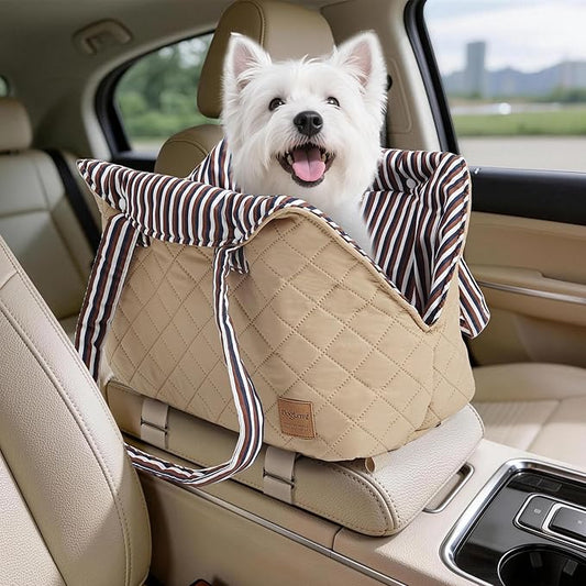 Small Dogs Under 12 lbs Adjustable Portable Center Console Car Seat, Built-in Bubble wrap, Fits Most Cars & SUVs with Convenient Handbag Functionality, Stylish Travel Pet Bag (Beige)