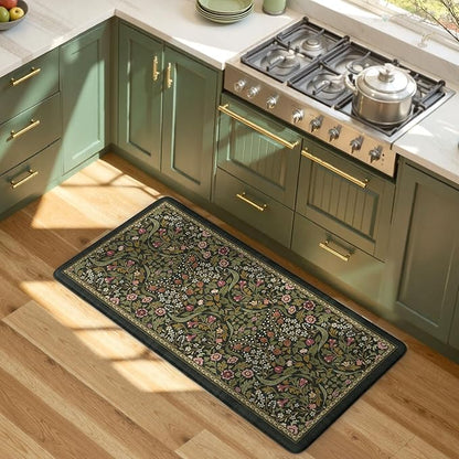 Collive Kitchen Mats for Floor, Cushioned Anti Fatigue Mat Non Slip Waterproof Kitchens Sink Rug, Green Vintage Floral Rugs Comfort Standing Mat for Laundry, Desk, Bar, Office, 20"x39"