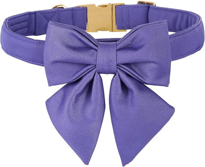 Maca Bates Purple Dog Collar with Cute Petunia Solid Sailor Bow Tie,Medium Girl Boy Dogs,Girly Adjustbale Durable Breakaway Soft Collars with Bowtie for Female Male Puppy,Pet with Metal Buckle