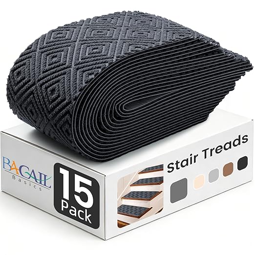 BAGAIL 15 Pack Non-Slip Stair Treads for Wooden Steps, 8"x30" Peel and Stick Carpet Stair Runners, Machine Washable Indoor Step Covers with No-Residue Adhesive for Dogs, Kids & Elderly - Dark Gray