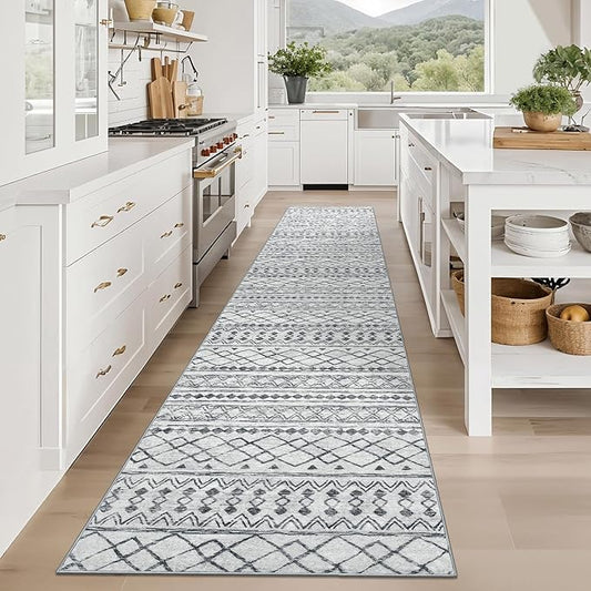 KUTA Hallway Runner Rug 2.6x12 Non-Slip Washable, Moroccan Vintage Beige Boho Long Kitchen Rug Ultra Soft Distressed Geometric Floor Carpet Runners for Bedroom Laundry Stairway Entryway