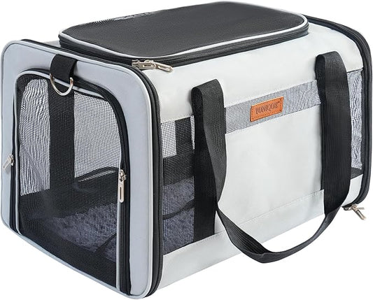 YUNIQUE Soft-Sided Cat & Dog Carrier for Pets Up to 15 Lbs, Airline Approved Collapsible Travel Puppy Carrier with Lightweight Fabric Design (lightgrey)