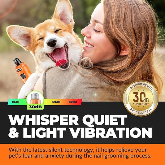 Whisper Quiet Dog Nail Grinder with 4 LED Lights, Safe & Stress-Free for Sensitive Dogs of All Breeds & Sizes, 3 Grinding Bits, 3-Speed, Pet Nail Trimmers, Rechargeable Painless Grooming Kit Orange