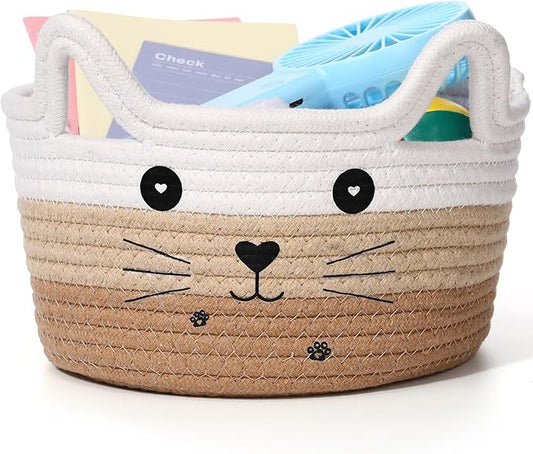 Zopeal Cat Basket Storage Woven Organizer with Ears Easter Decorative Pet Toy Cute Cotton Rope Basket for Gift Cat Dog Toy Bin Nursery Room(8.3 x 4.7 Inch,White Khaki Brown)