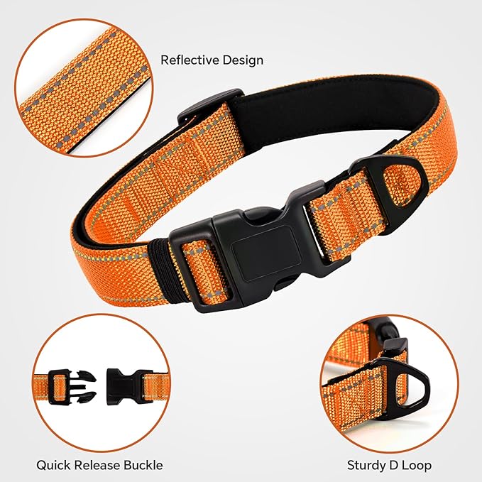 Reflective Dog Collar with Quick Release Buckle - Metal Ring - Adjustable Soft Neoprene Padded Basic Dog Collar for Small Medium Large Dogs (Orange, Large :Width 1",Neck 15.7-23.6")