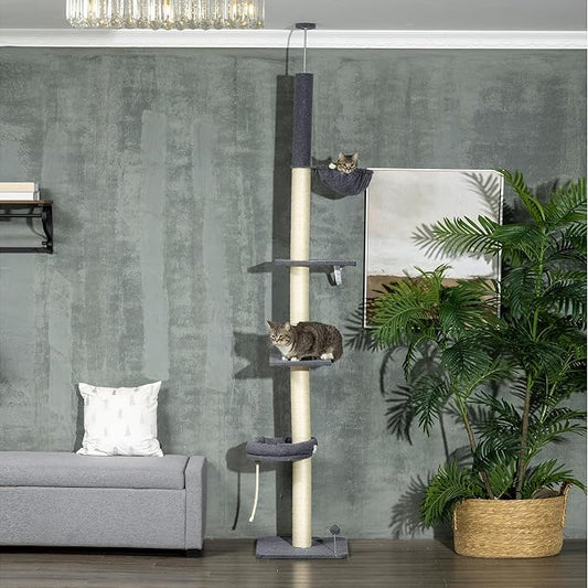 PawHut Floor to Ceiling Cat Tree, 5-Tier Cat Climbing Tower, 95''-106'' Height Adjustable with Carpeted Platforms, Cozy Bed, Hammock, Scratching Post & Toy Ball for Indoor Cats, Dark Gray and Cream