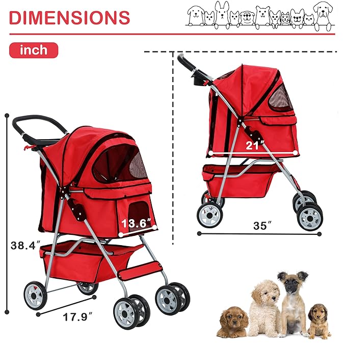 4 Wheels Dog Stroller, Foldable Pet Stroller for Small Medium Dogs, Portable Breathable Cat Stroller Dog Strollers with Storage Basket, Cup Holders, Removable Liner for Travel & Outdoor Use, Red
