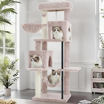 Gitelsnour 51.2'' Cat Tree Tower, Cat Tower with Scratching Post, Sturdy Steel Pube Cat Tree for Inoor Cats Large Adult, Cat Hammock and Basket, Padding Top Platform, Mushroom GCT014MU
