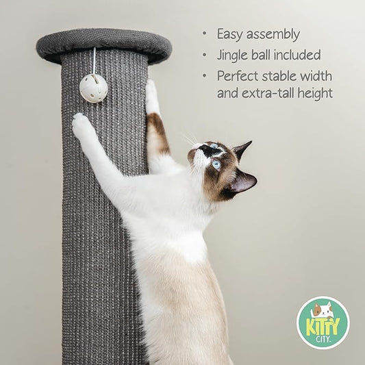 Kitty City Tall Sisal Cat Scratching Post, 32” Durable Scratcher with Sturdy Base & Hanging Jingle Toy, Easy Assembly, Furniture Protection for Indoor Cats - Gray