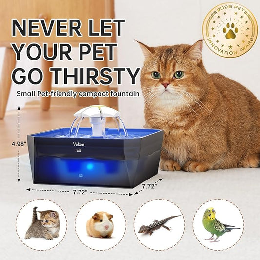 Veken Award-Winning Small Pet-Friendly Cat Water Fountain with Quiet Pump, Easy to Clean & Assemble, 50oz Mini Pet Water Dispenser Gifts for Cats, Dogs and Small Animals, Blue