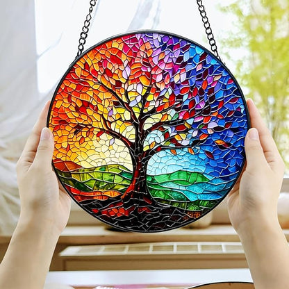Stained Glass Tree of Life Suncatcher - 7.8In Handcrafted Window Hanging & Wall Art for Home, Living Room, Garden & Outdoor Porch Decor - Birthday, for Women Mom Teacher