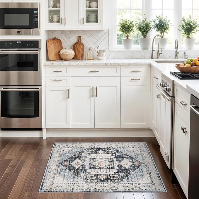 Living Room 2x3 Washable Rug - Entryway Vintage Small Area Rugs Stain Resistant Rugs with Non Slip Backing Soft Carpet for Bedroom Dining Room Kitchen Distressed Floor Mat (2x3, Deep Blue/Navy)
