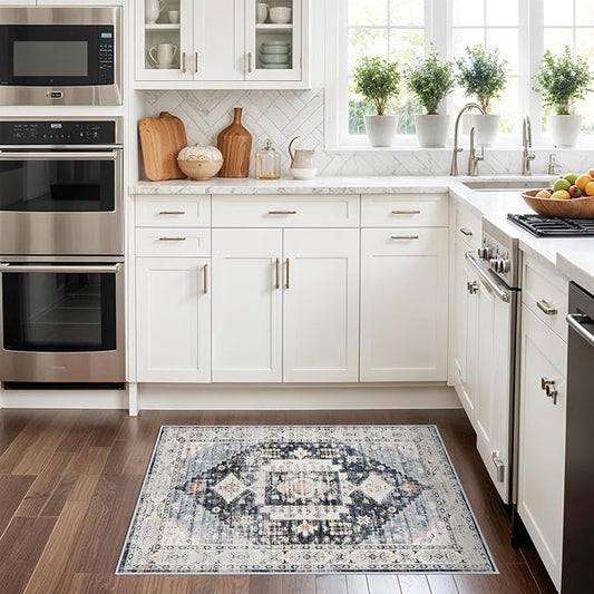 Living Room 2x3 Washable Rug - Entryway Vintage Small Area Rugs Stain Resistant Rugs with Non Slip Backing Soft Carpet for Bedroom Dining Room Kitchen Distressed Floor Mat (2x3, Deep Blue/Navy)
