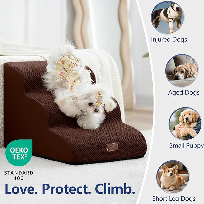 GoGoBunny Ramp Dog Stairs for Couch Sofa and Chair 15.7" H, 3-Step Pet Steps for Small Dogs and Cats, Non-Slip Waterproof Fabric Cover, Stable and Balanced Indoor Step, Pets Friendly, Brown