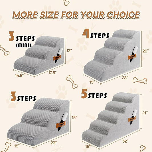 Romrol Dog Stairs Ramp for Beds Couches, Extra Wide Pet Steps with Durable Non-Slip Waterproof Fabric Cover, Dog Slope Stairs for Small Dogs and Cats or Pets Friendly, 4-TiersLight Grey